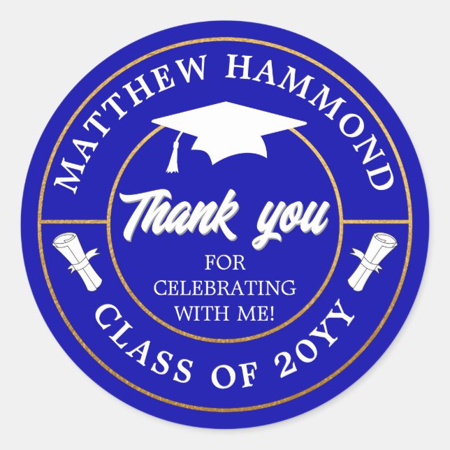 Royal Blue Graduating Class Thank You Grad Cap Runder Aufkleber (Vorderseite)