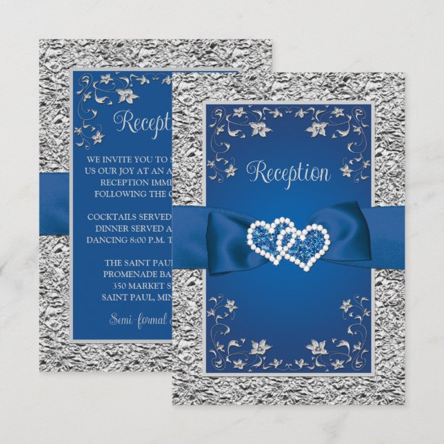 Royal Blue, Grau Liebe Hearts Empfang Card RSVP Karte (Vorne/Hinten)