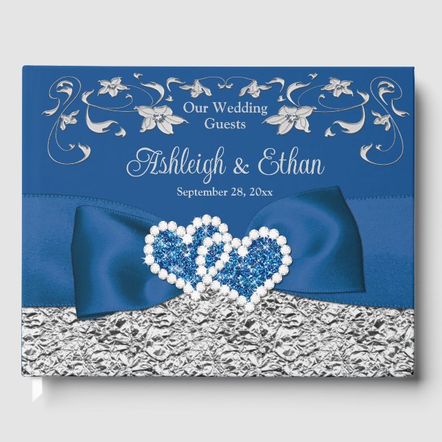 Royal Blue, Gray Liebe Hearts Wedding Gästebuch (Vorderseite)