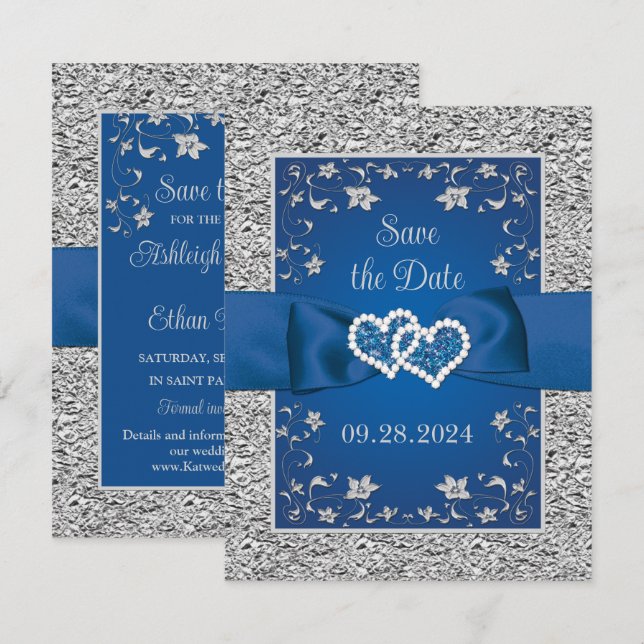 Royal Blue, Gray Liebe Hearts Wedding Save the Dat (Vorne/Hinten)