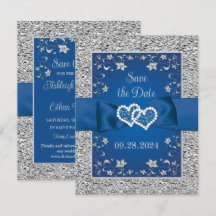 Royal Blue, Gray Liebe Hearts Wedding Save the Dat