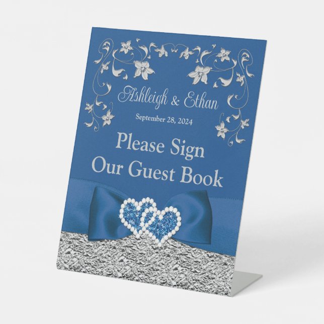 Royal Blue, Gray Liebe Hearts Wedding Sockelschild (Vorderseite)