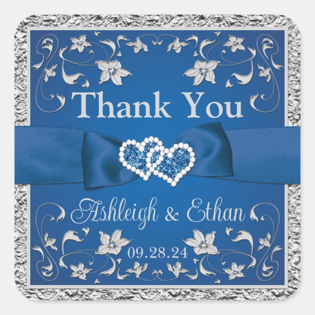 Royal Blue, Gray Two Hearts, One Liebe Quadratischer Aufkleber (Vorderseite)