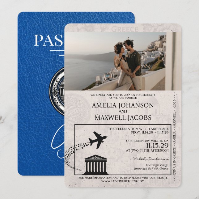 Royal Blue Greece Passport Hochzeitseinladung Einladung (Vorne/Hinten)