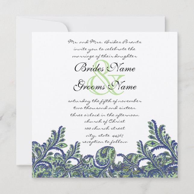 Royal Blue & Green Paisley Peacock Wedite Einladung (Vorderseite)