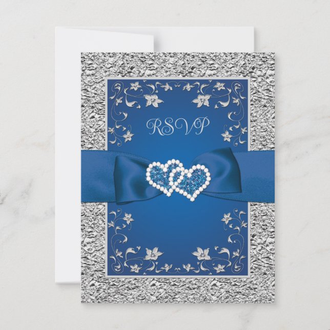 Royal Blue, Grey Liebe Hearts Wedding RSVP Card Karte (Vorderseite)