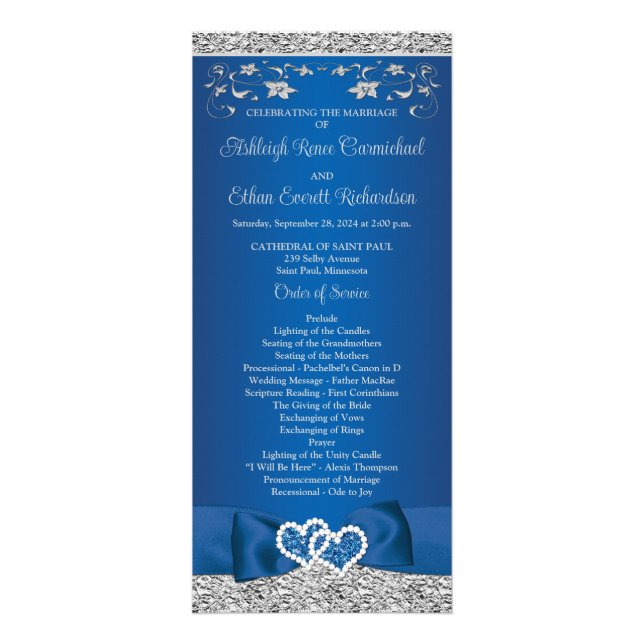 Royal Blue, Grey Love Hearts Programme de mariage (Devant)