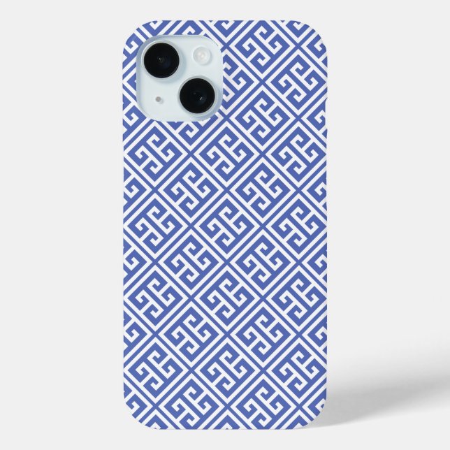 Royal Blue Griechisches Schlüsselmuster iPhone 15 Hülle (Rückseite)