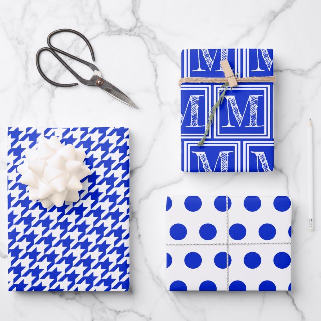 Royal Blue Hahnentrittmuster Monogram Polka Dot Geschenkpapier Set (Vorderseite)
