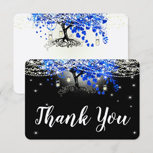 Royal Blue Heart Leaf Tree on Black Wedding RSVP Karte (Vorne/Hinten)
