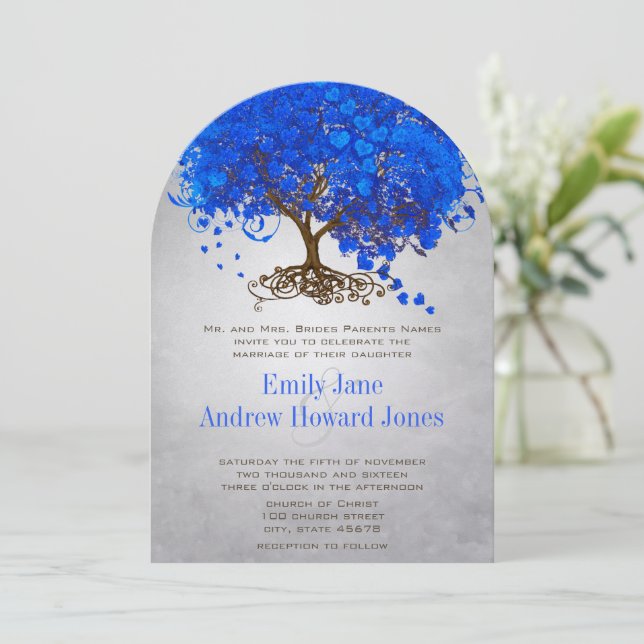 Royal Blue Heart Leaf Tree Wedding Einladungen (Stehend Vorderseite)