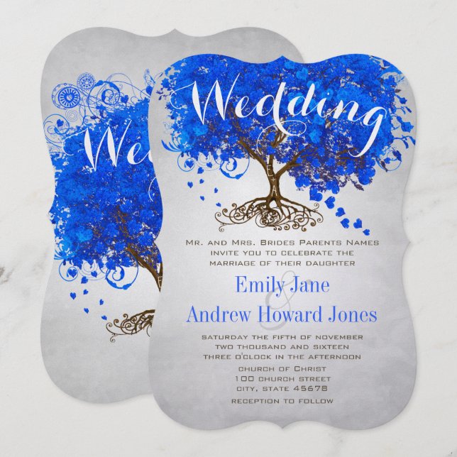 Royal Blue Heart Leaf Tree Wedding Invites Einladung (Vorne/Hinten)