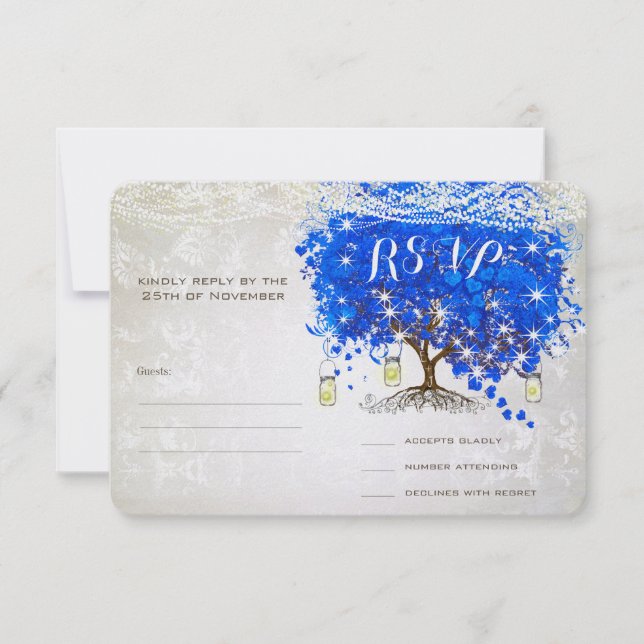 Royal Blue Heart Leaf Tree Wedding RSVP Karte (Vorderseite)