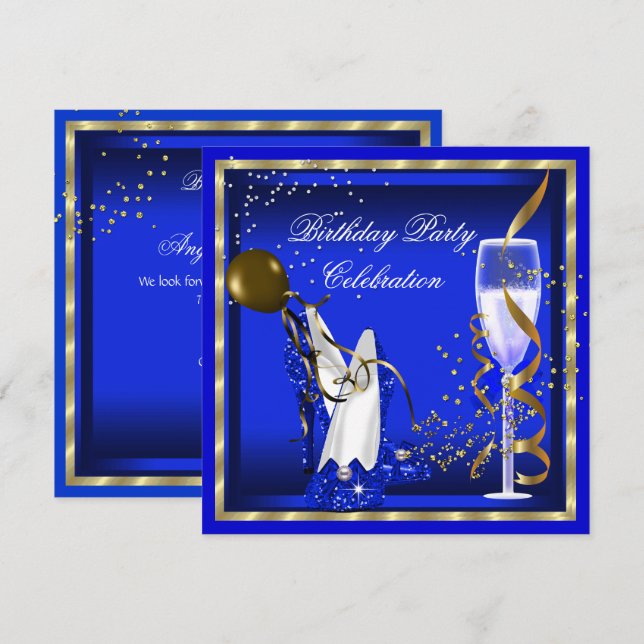 Royal Blue Heelses Gold Glitzer Birthday Party Einladung (Vorne/Hinten)