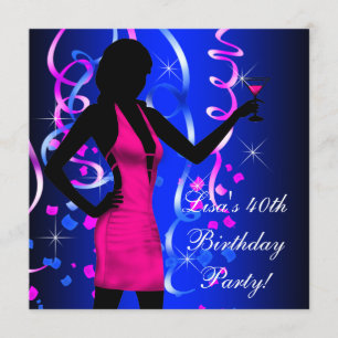 Royal Blue Hot Pink 40. Geburtstag Party Einladung