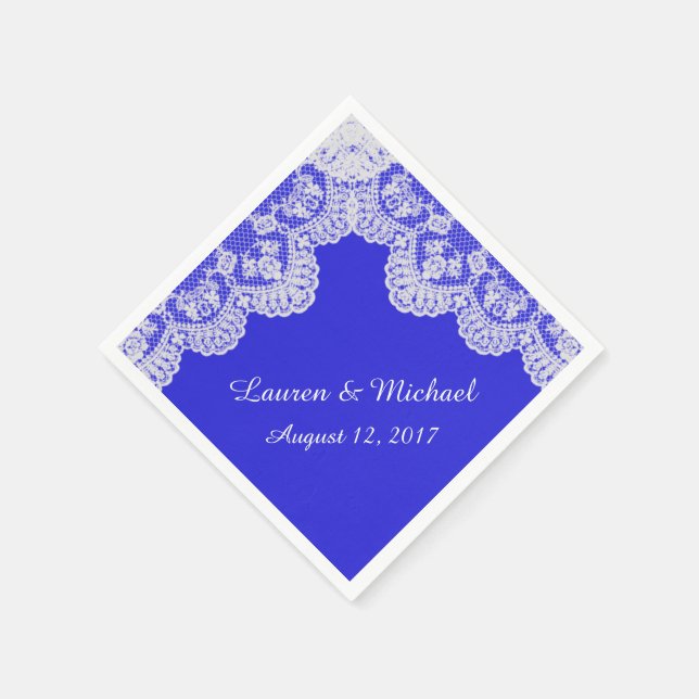 Royal Blue Imitats White Lace Border Wedding Serviette (Ecke)
