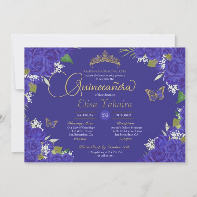 Royal Blue Indigo Rose Tiara Butterfly Quinceanera Einladung (Vorderseite)