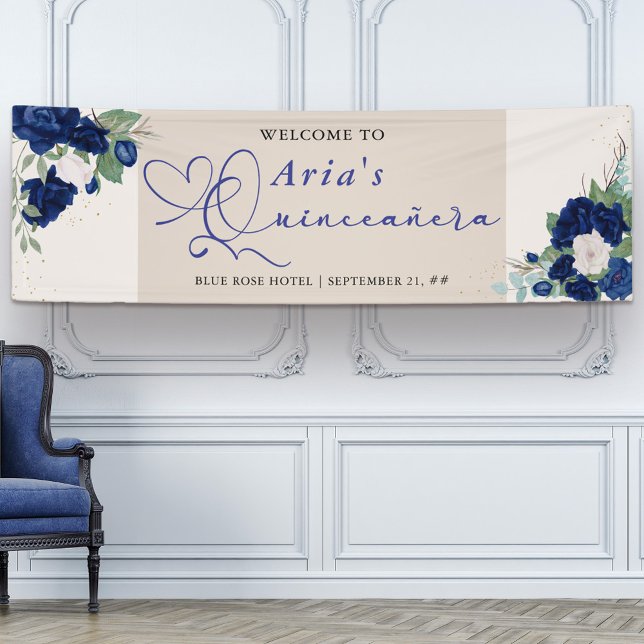 Royal Blue Ivory Floral Rose Quinceanera Willkomme Banner (Quinceanera welcome banner with sweet calligraphy and royal navy blue rose blooms)