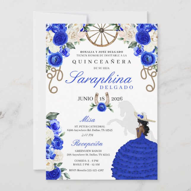 Royal Blue & Ivory Rose Western Quinceañera Einladung (Vorderseite)