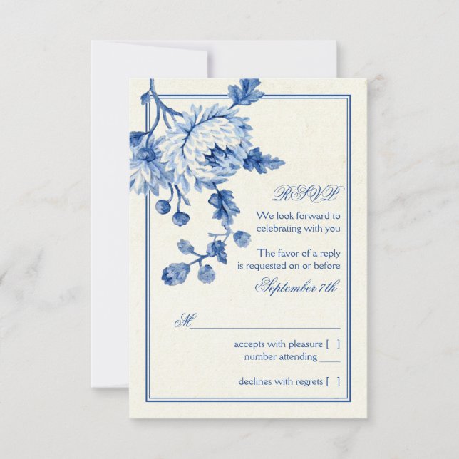 Royal Blue Ivory Toile Floral Wedding RSVP Antwort Einladung (Vorderseite)