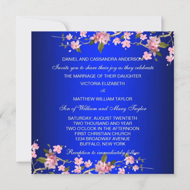 Royal Blue Japanese Cherry Blossoms Wedding Einladung (Vorderseite)