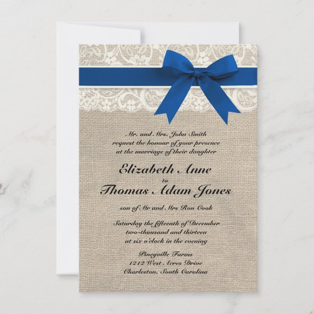 Royal Blue Lace & Burlap Wedding Invite 2 Einladung (Vorderseite)