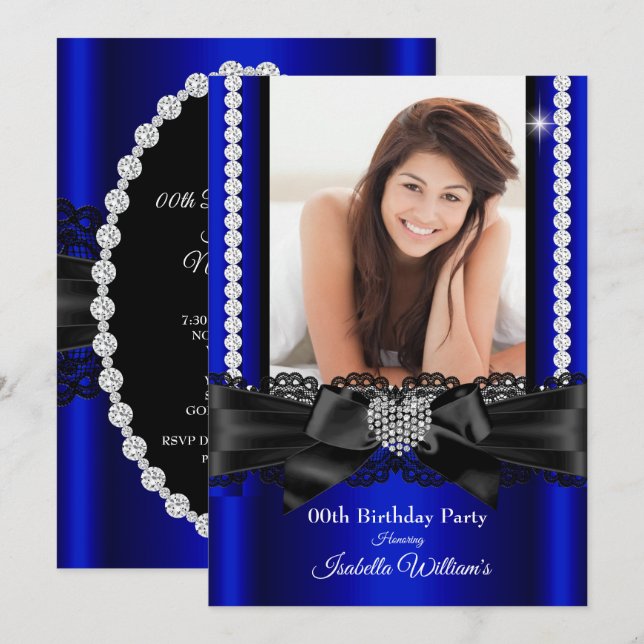 Royal Blue Lace Diamond Heart Foto Birthday Party Einladung (Vorne/Hinten)