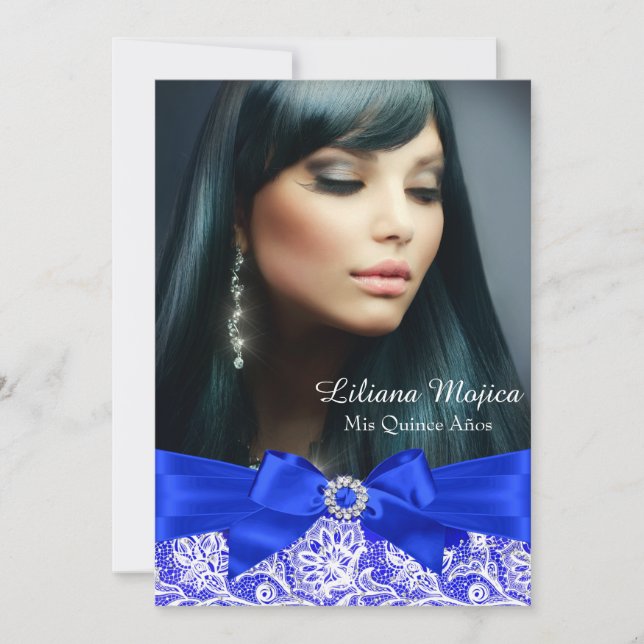 Royal Blue Lace & Jewel Bow Quinceanera Einladung (Vorderseite)