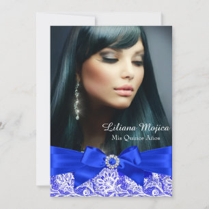 Royal Blue Lace & Jewel Bow Quinceanera Einladung