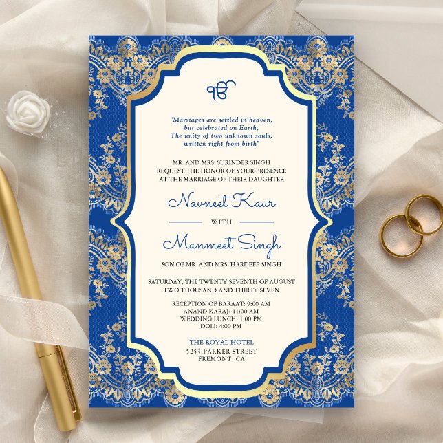 Royal Blue Lace QR Code Anand Karaj Sikh Wedding Einladung (Von Creator hochgeladen)