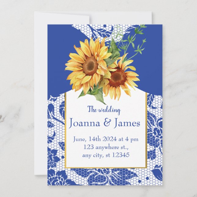Royal Blue Lace Sunflower Wedding Einladung (Vorderseite)