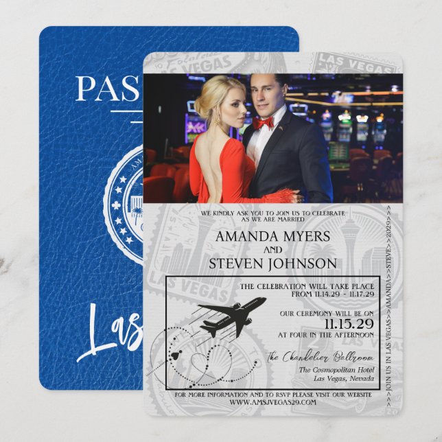 Royal Blue Las Vegas Passport Wedding Einladung (Vorne/Hinten)