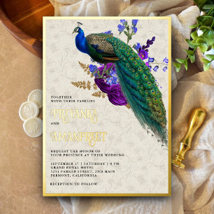 Royal Blue Lila Floral Indian Peacock Wedding Folieneinladung