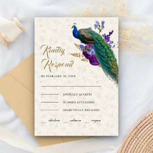Royal Blue Lila Floral Indian Peacock Wedding RSVP Karte