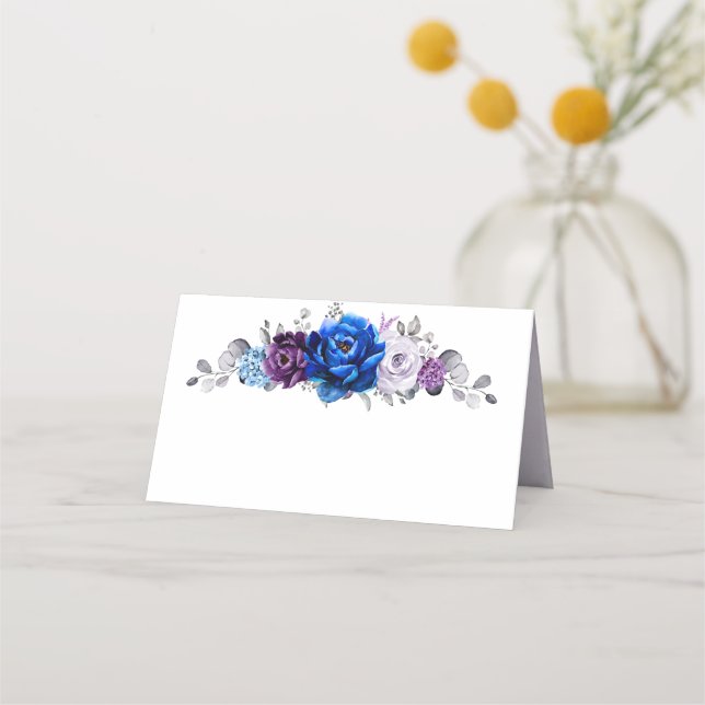 Royal Blue Lila Navy Lilac Blooms Wedding Platzkarte (Vorderseite)