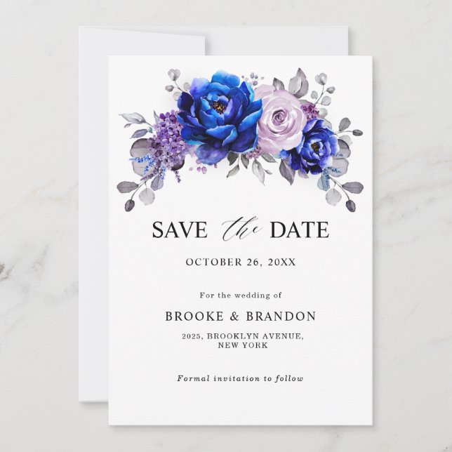 Royal Blue Lilac Lila Floral Save the Date (Vorderseite)