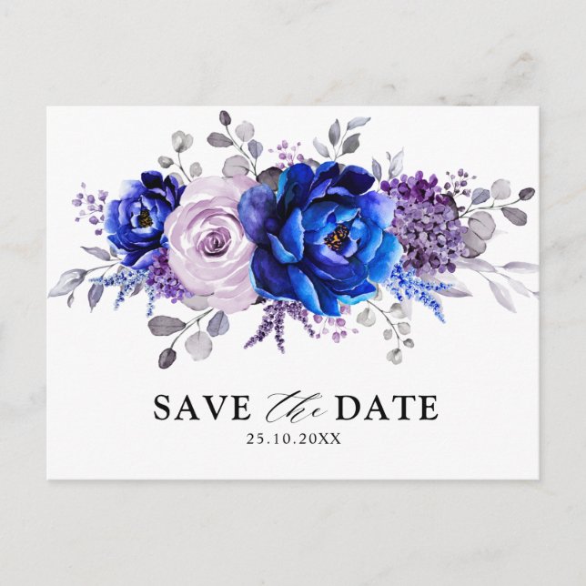 Royal Blue Lilac Lila Floral Save the Date Postkarte (Vorderseite)