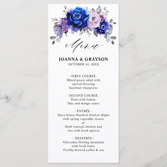 Royal Blue Lilac Lila Floral Wedding Menükarte (Vorderseite)