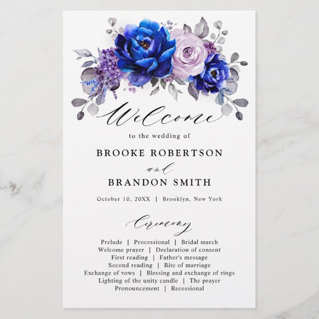 Royal Blue Lilac Lila Floral Wedding Program (Vorderseite)