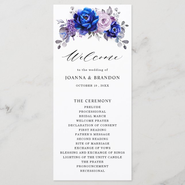Royal Blue Lilac Lila Floral Wedding Programm (Vorderseite)