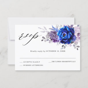 Royal Blue Lilac Lila Floral Wedding RSVP Card Karte