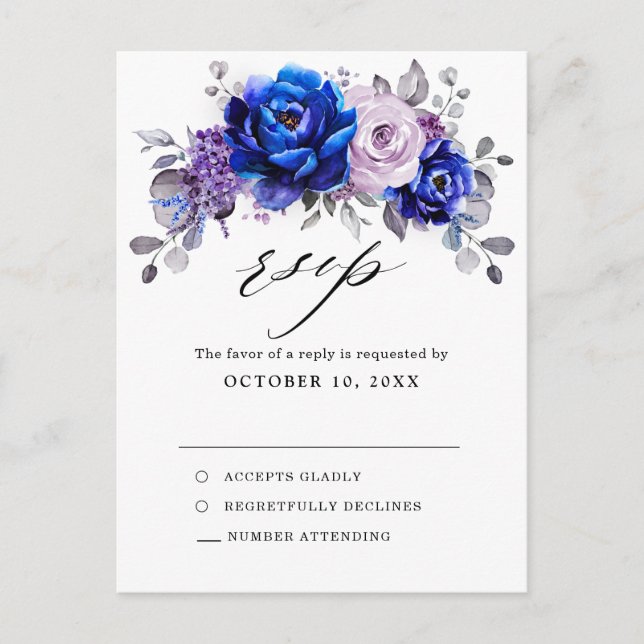 Royal Blue Lilac Lila Floral Wedding RSVP Postkarte (Vorderseite)