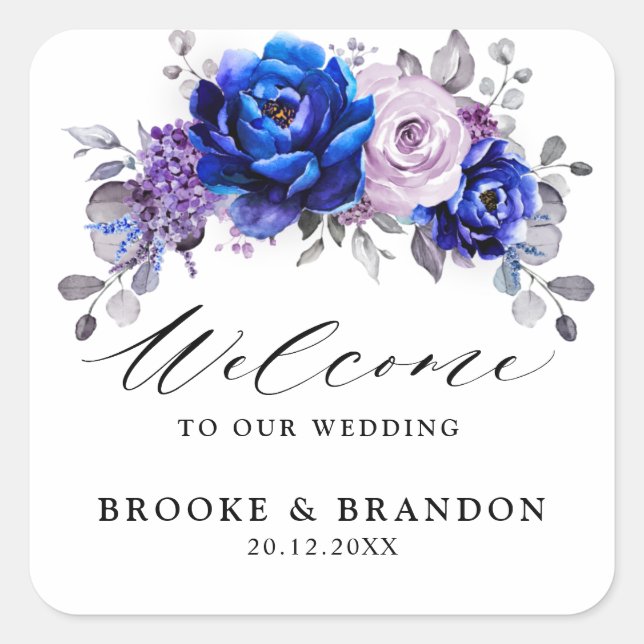 Royal Blue Lilac Lila Floral Wedding Willkommen Quadratischer Aufkleber (Vorderseite)