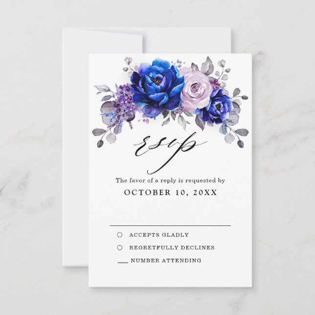 Royal Blue Lilac Purple Floral Wedding Carte RSVP (Devant)