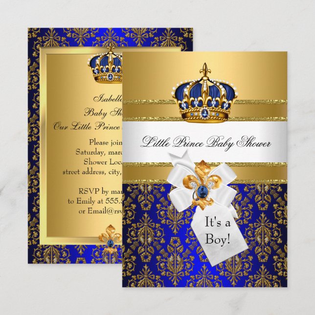 Royal Blue Little Prince Crown Babydusche laden ei Einladung (Vorne/Hinten)