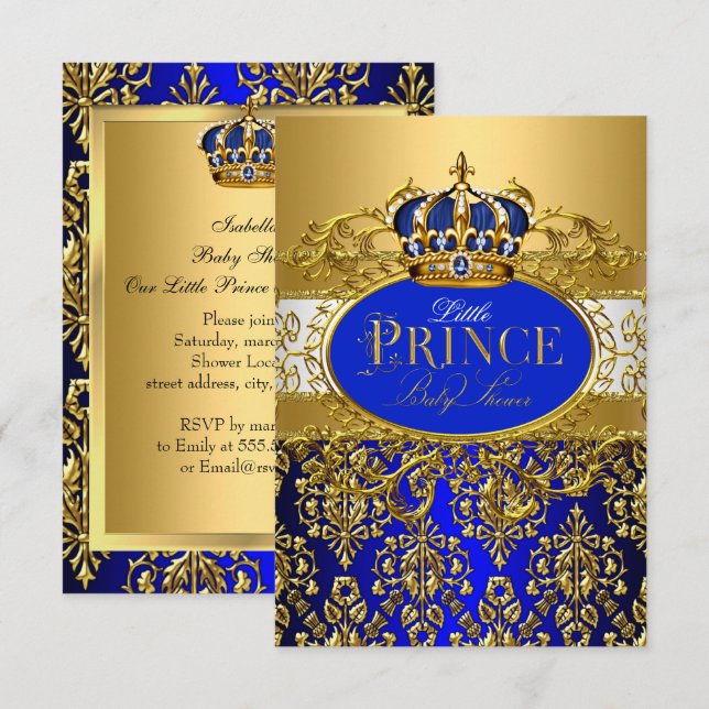 Royal Blue Little Prince Crown Babydusche sml Einladung (Vorne/Hinten)
