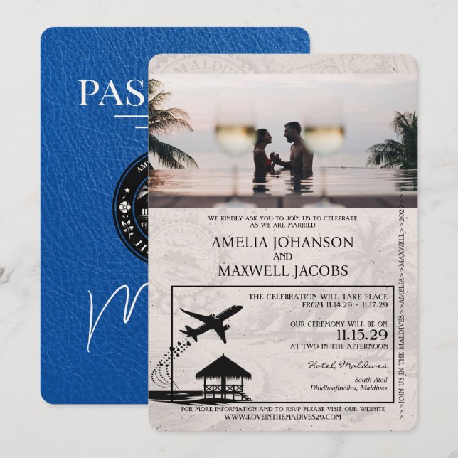 Royal Blue Maldives Passport Wedding Einladung (Vorne/Hinten)