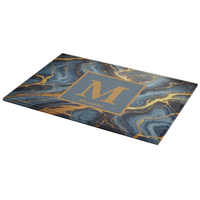 Royal Blue Marble mit Golden Veins Monogram Schneidebrett (Ecke)