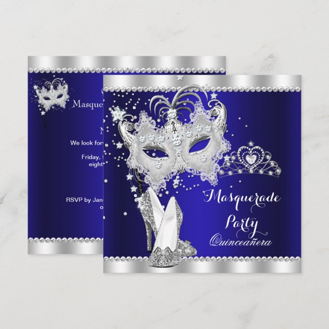 Royal Blue Masquerade Quinceanera Mask Hi Heelse Einladung (Vorne/Hinten)