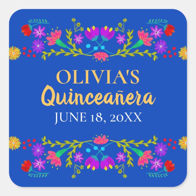 Royal Blue Mis Quince Anos Mexican Fiesta Blume Quadratischer Aufkleber (Vorderseite)